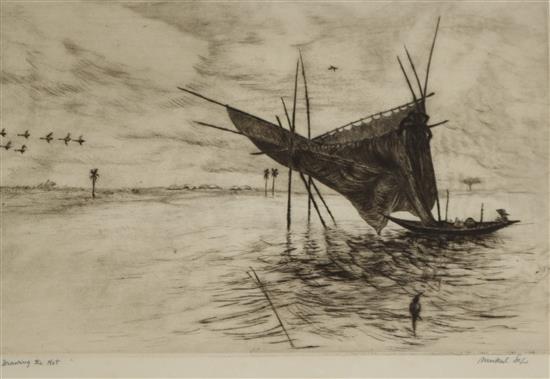 Mukel Dey, etching, Drawing the net, signed in pencil, 21 x 31cm